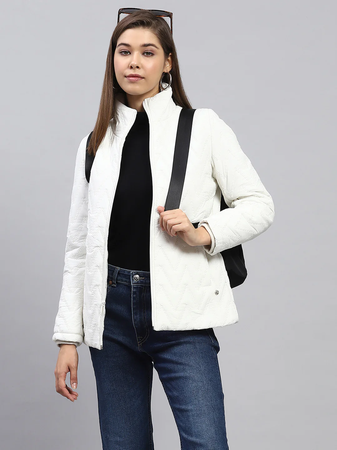 Women White Embroidered Mock Neck Full Sleeve Jacket - Image 6