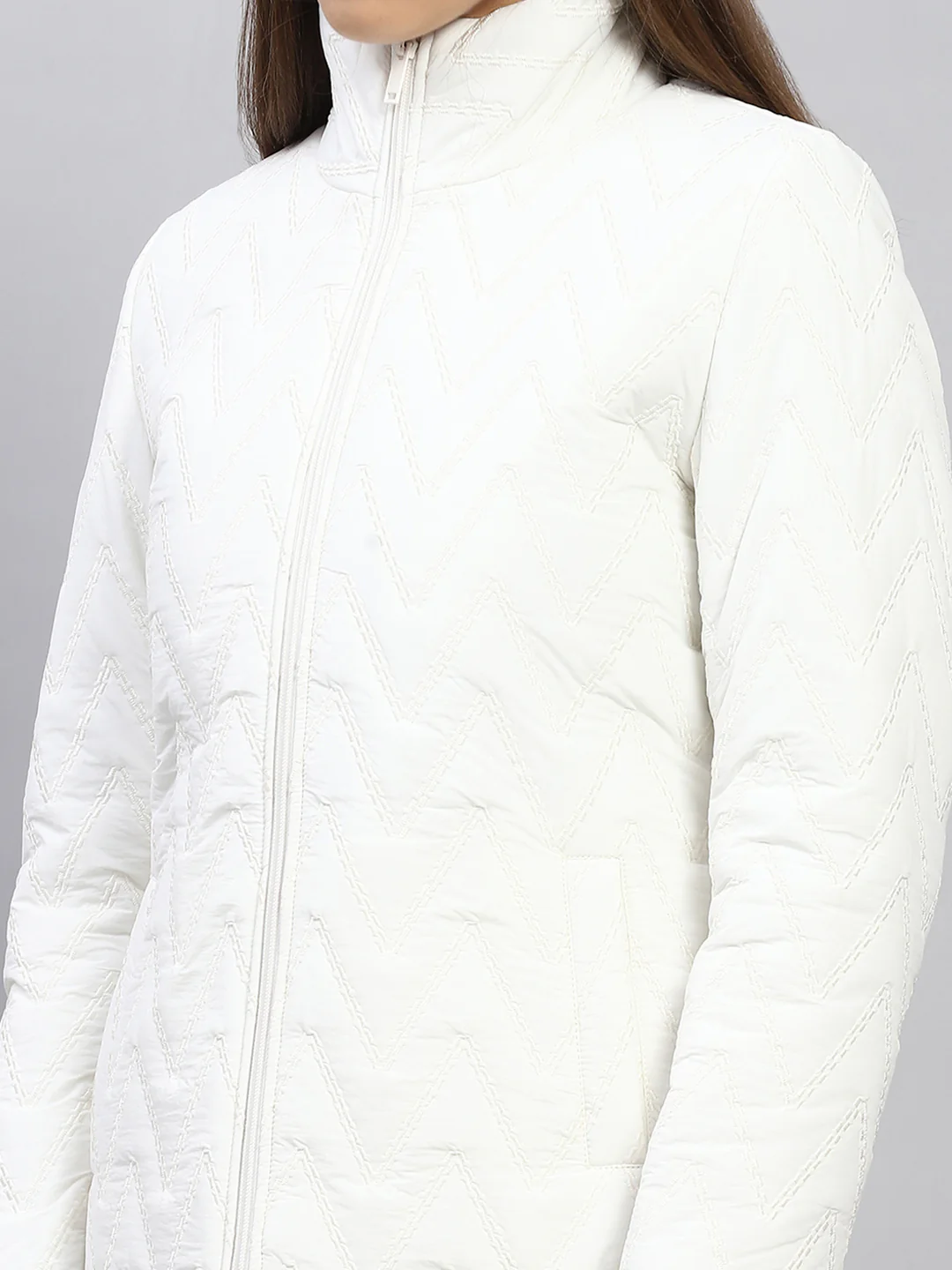 Women White Embroidered Mock Neck Full Sleeve Jacket - Image 7
