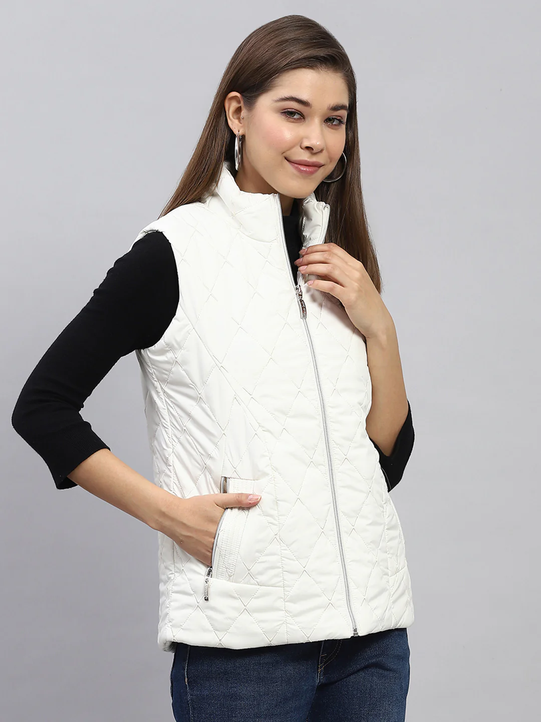 Women White Embroidered Mock Neck Sleeveless Jacket - Image 4