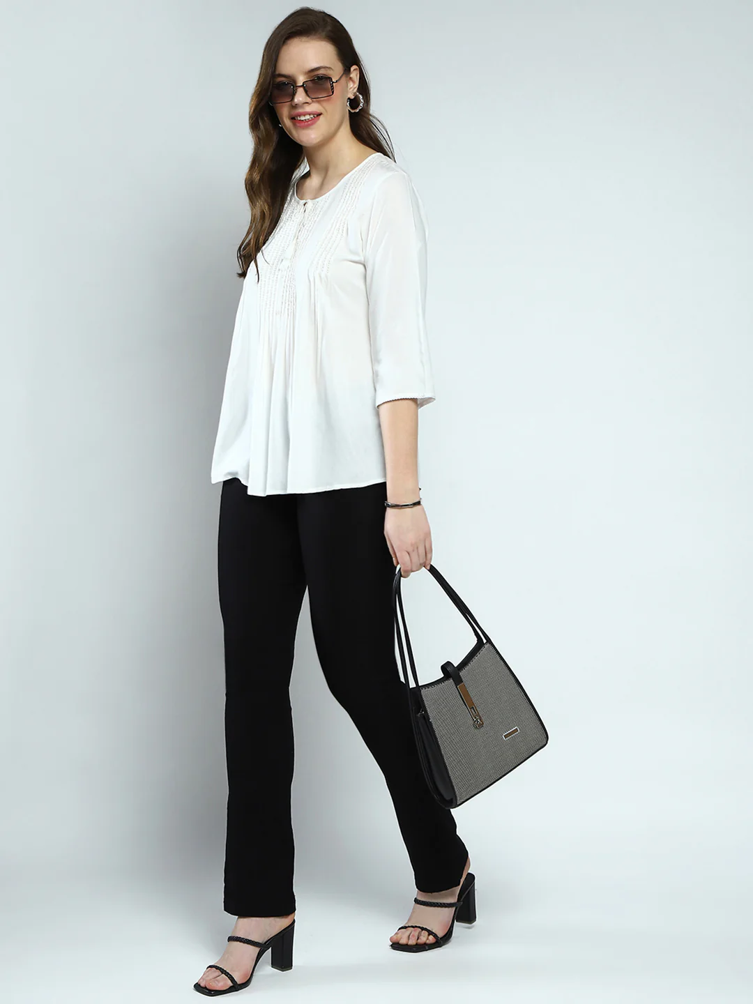 Women White Embroidered Round Neck 3/4th Sleeve Top - Image 2