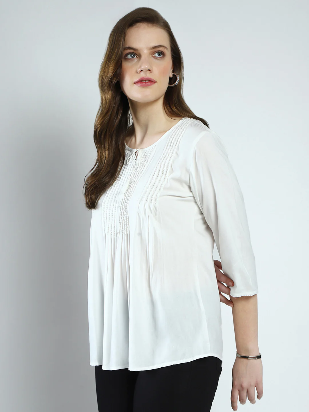 Women White Embroidered Round Neck 3/4th Sleeve Top - Image 3