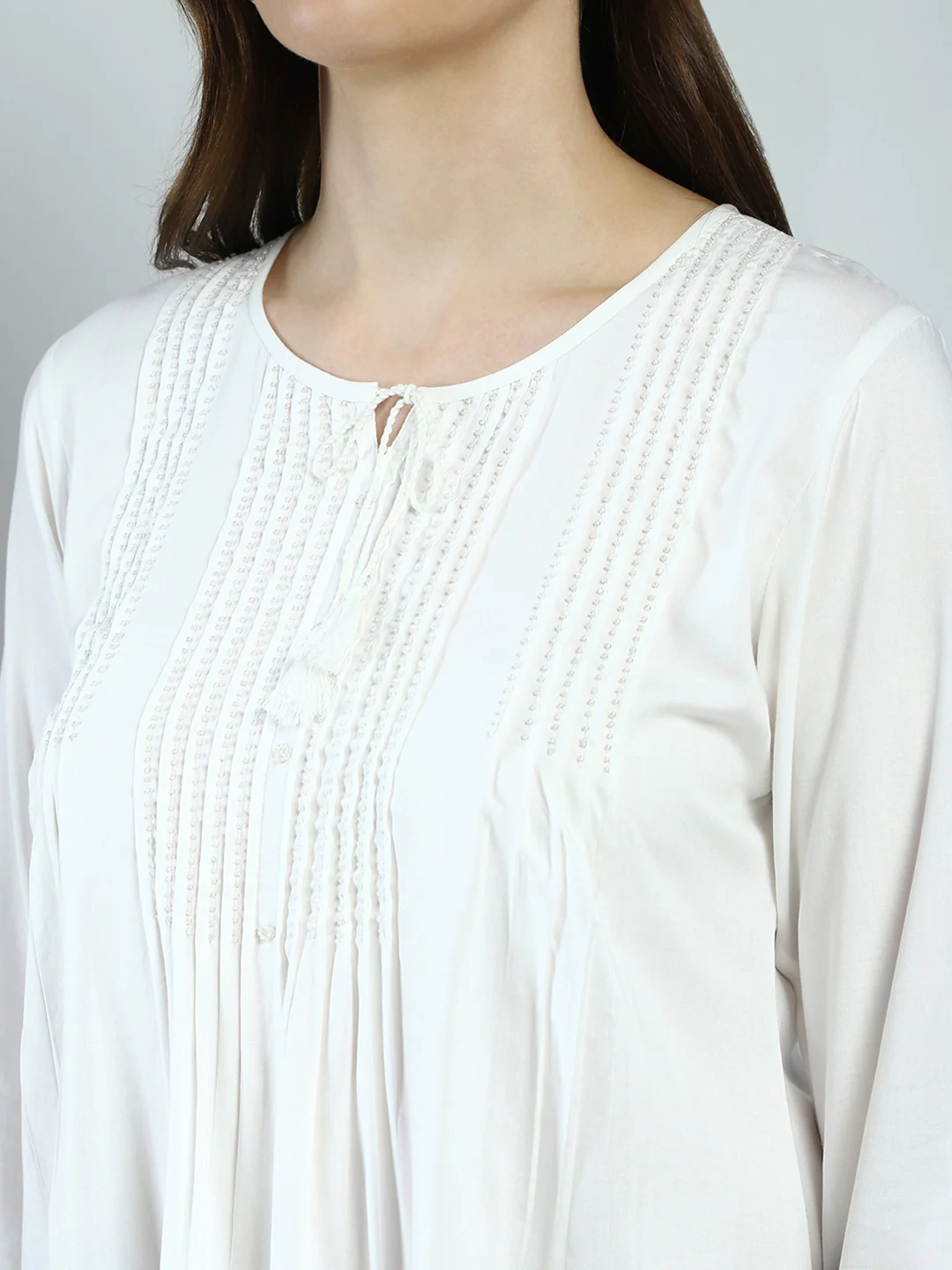 Women White Embroidered Round Neck 3/4th Sleeve Top - Image 6