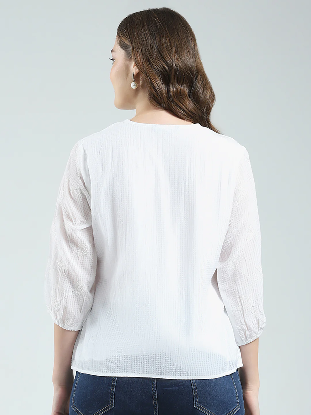 Women White Embroidered Round Neck 3/4th Sleeve Top - Image 5
