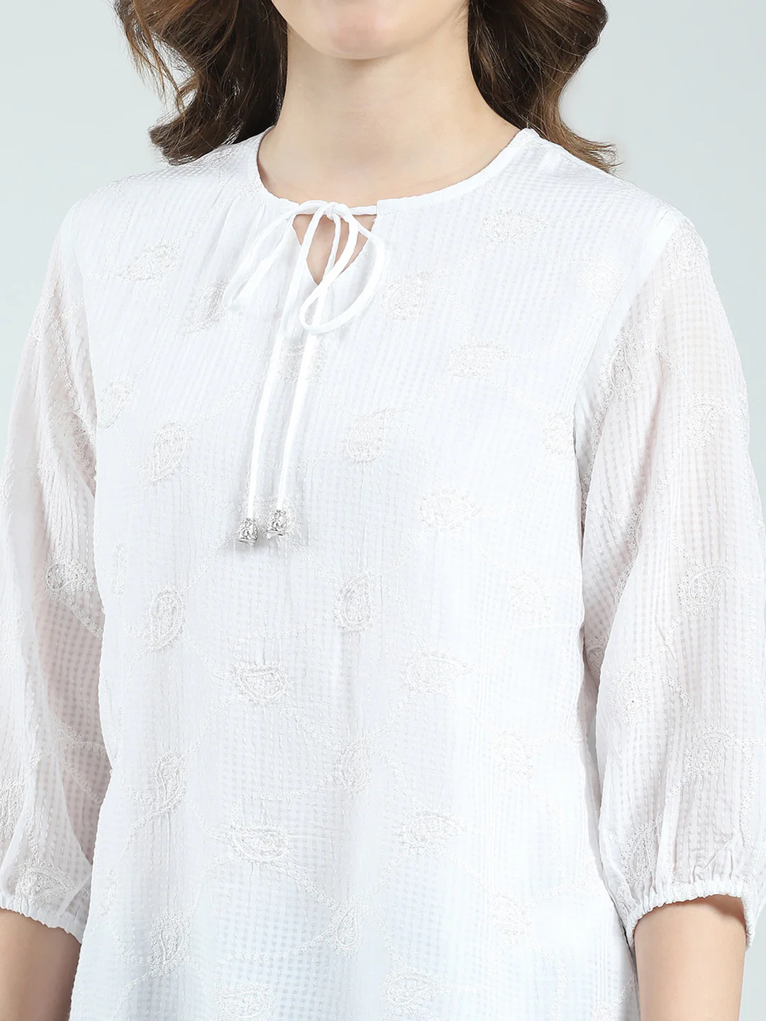 Women White Embroidered Round Neck 3/4th Sleeve Top - Image 6