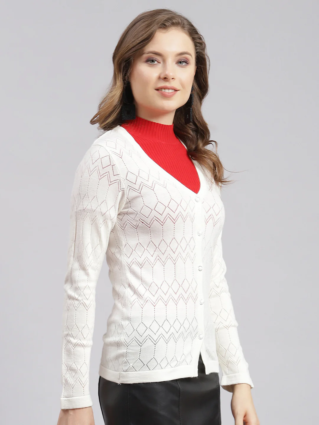 Women White Jaquard Wool blend Cardigan - Image 2