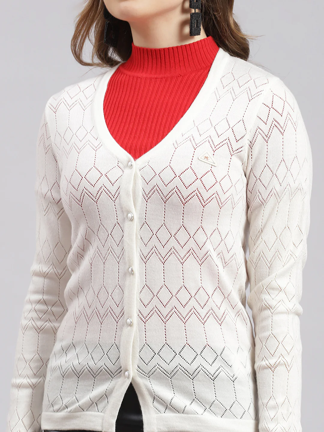 Women White Jaquard Wool blend Cardigan - Image 6