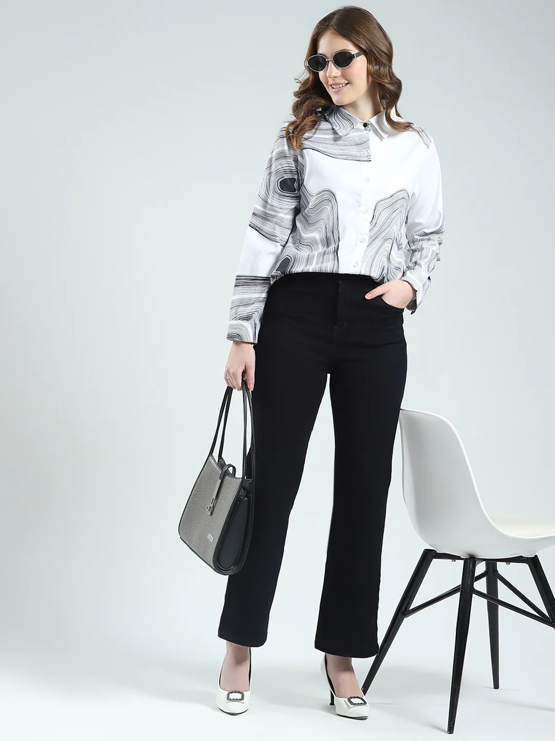 Women White Printed Collar Full Sleeve Top - Image 2