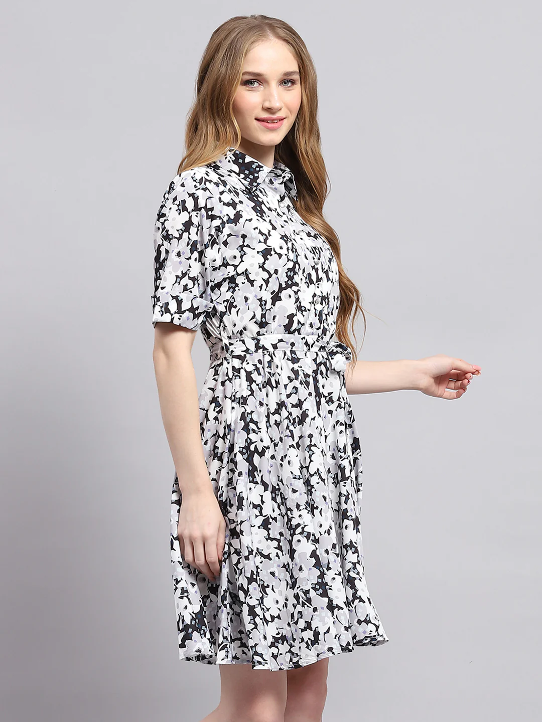 Women White Printed Collar Half Sleeve Dress - Image 4