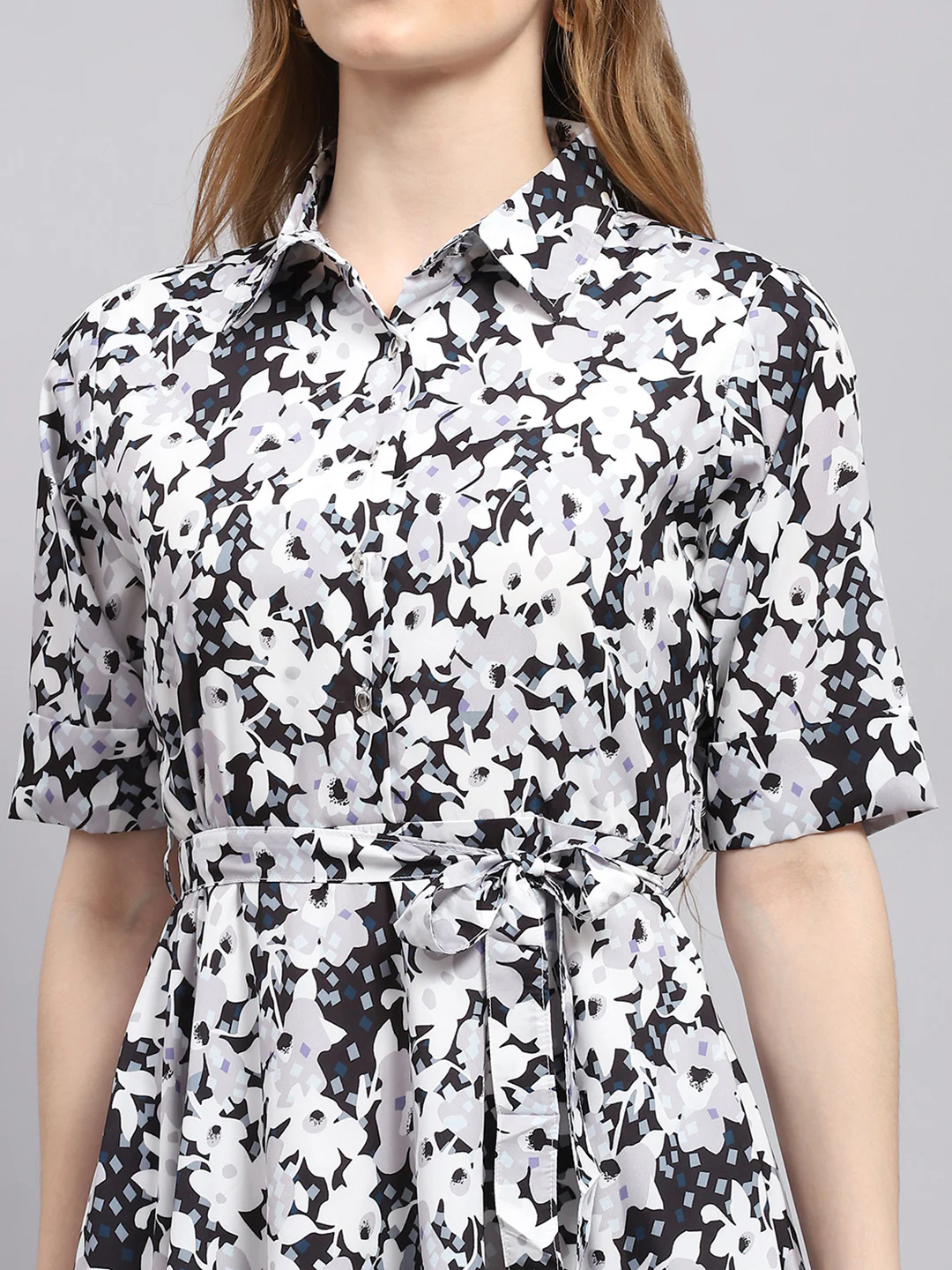 Women White Printed Collar Half Sleeve Dress - Image 6
