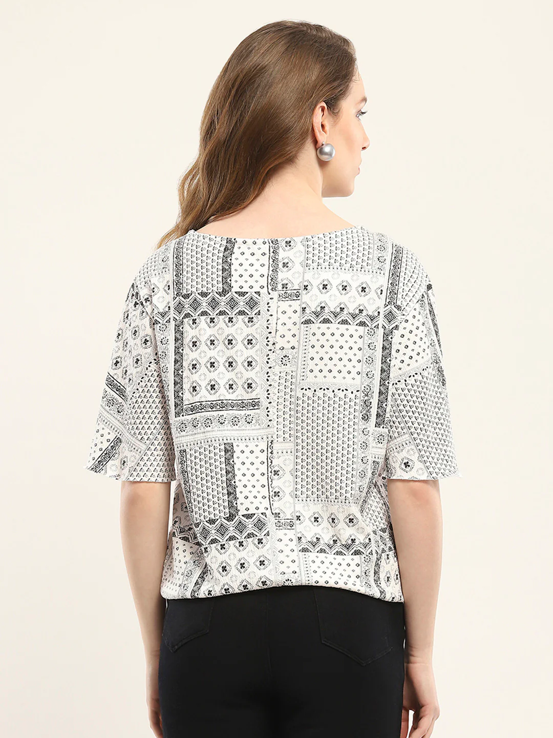 Women White Printed Round Neck Half Sleeve Winte Top - Image 5