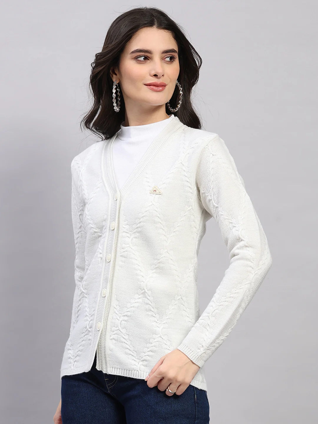Women White Printed V Neck Full Sleeve Cardigan - Image 3