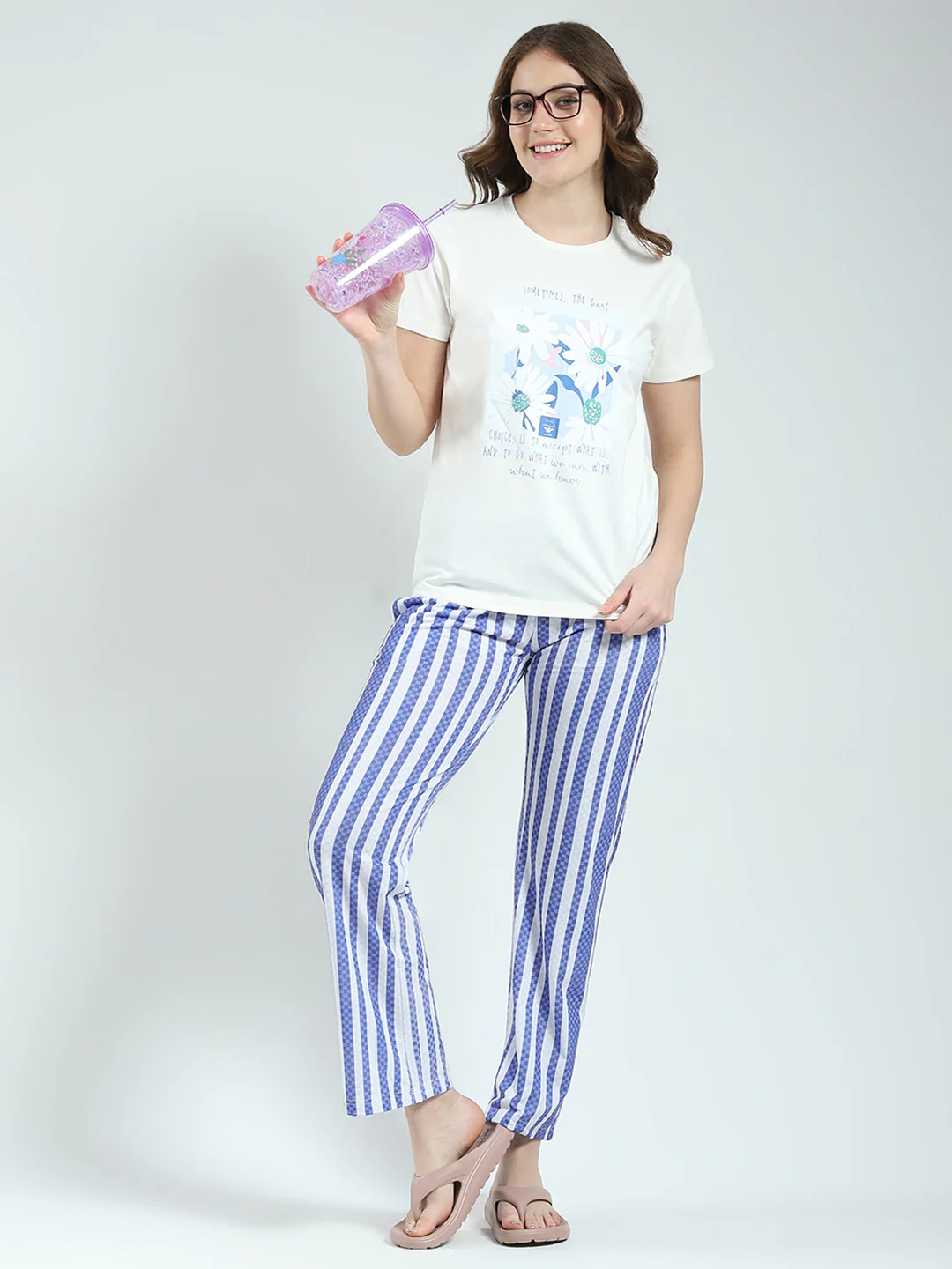 Women White Printed Round Neck Half Sleeve Lower Set - Image 2
