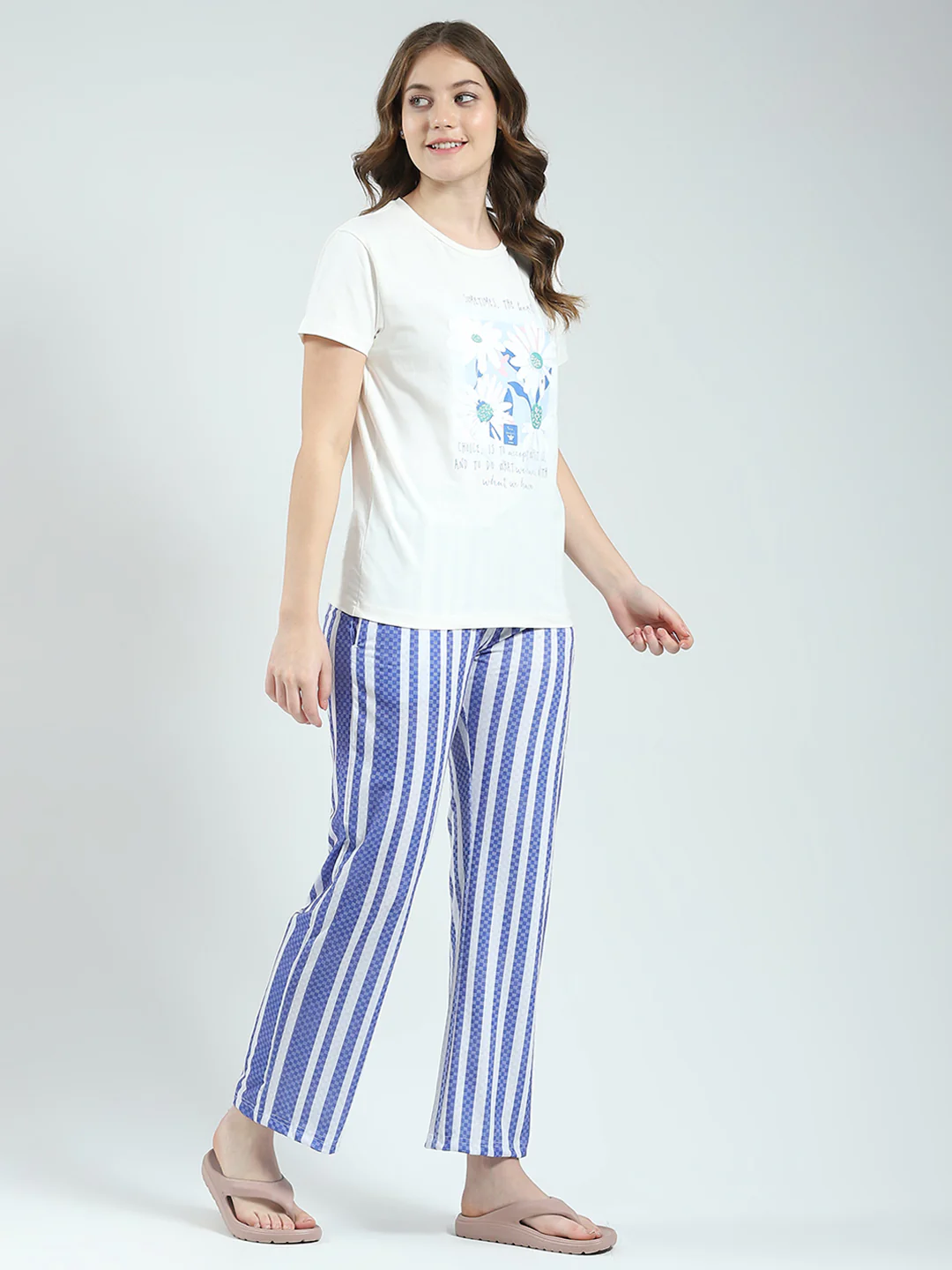 Women White Printed Round Neck Half Sleeve Lower Set - Image 4