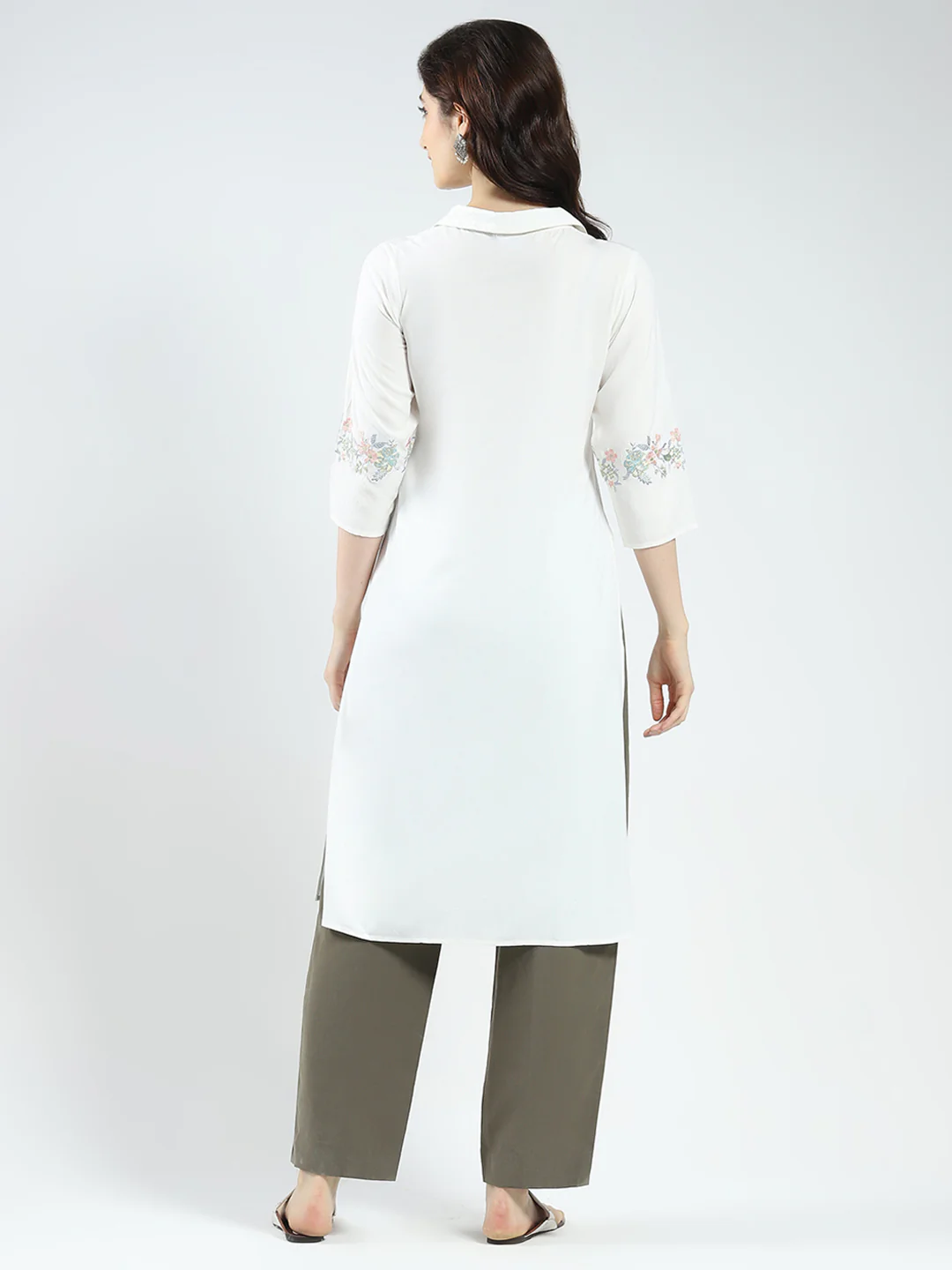 Women White Self Design Collar 3/4th Sleeve Kurti - Image 2