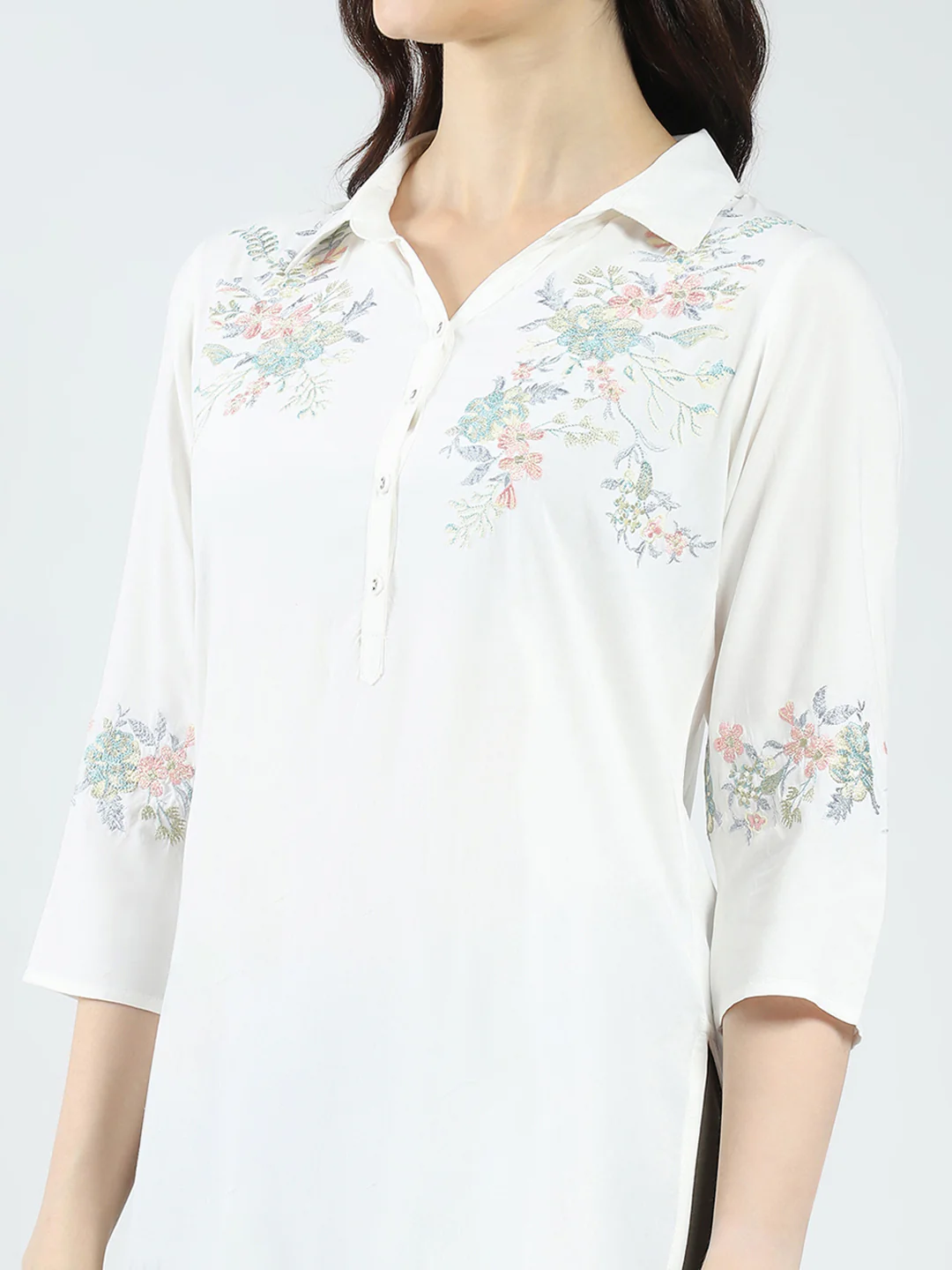 Women White Self Design Collar 3/4th Sleeve Kurti - Image 6