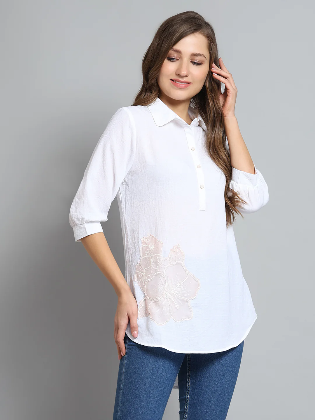 Women White Self Design Collar 3/4th Sleeve Top - Image 4