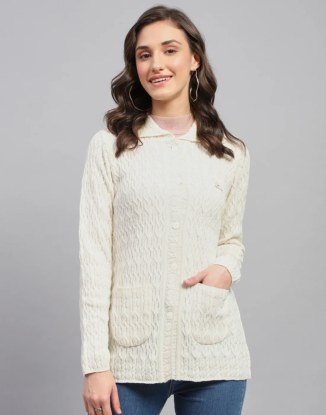 Women White Self Design Collar Full Sleeve Cardigan - Image 3