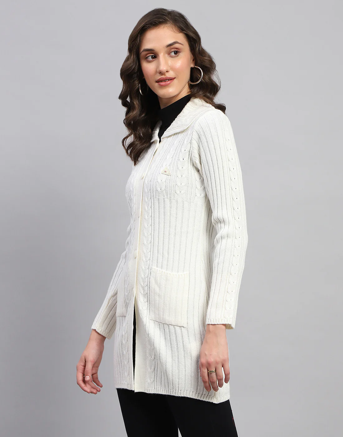 Women White Self Design Collar Full Sleeve Cardigan - Image 3