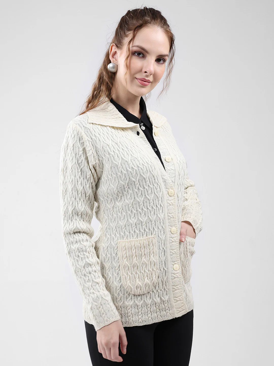 Women White Self Design Collar Full Sleeve Cardigan - Image 4