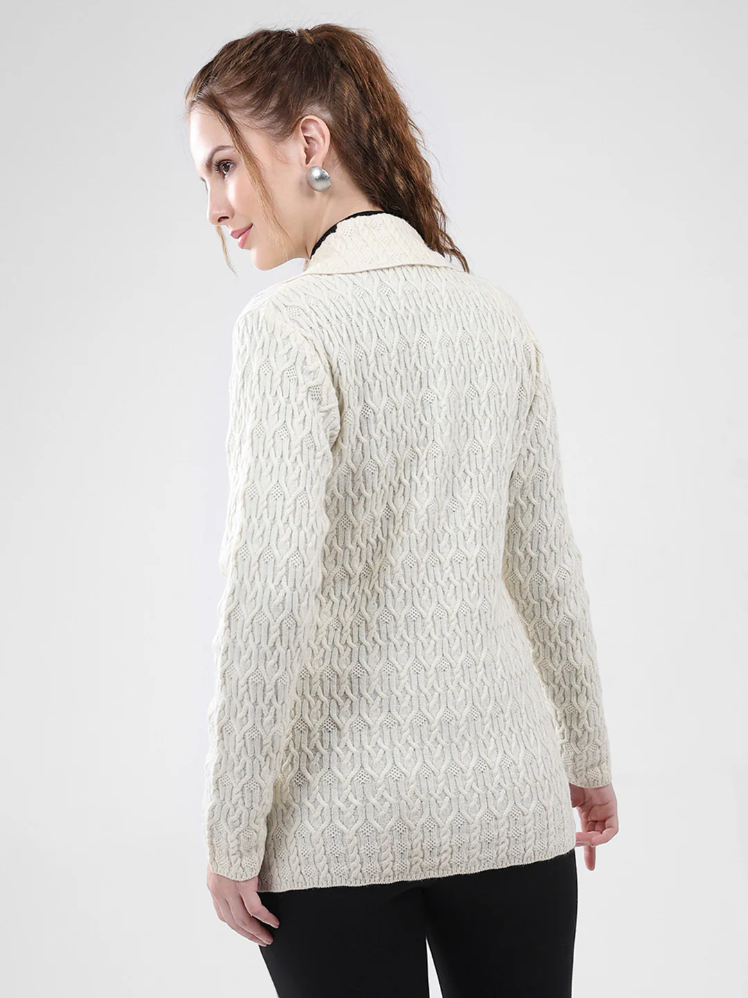 Women White Self Design Collar Full Sleeve Cardigan - Image 5