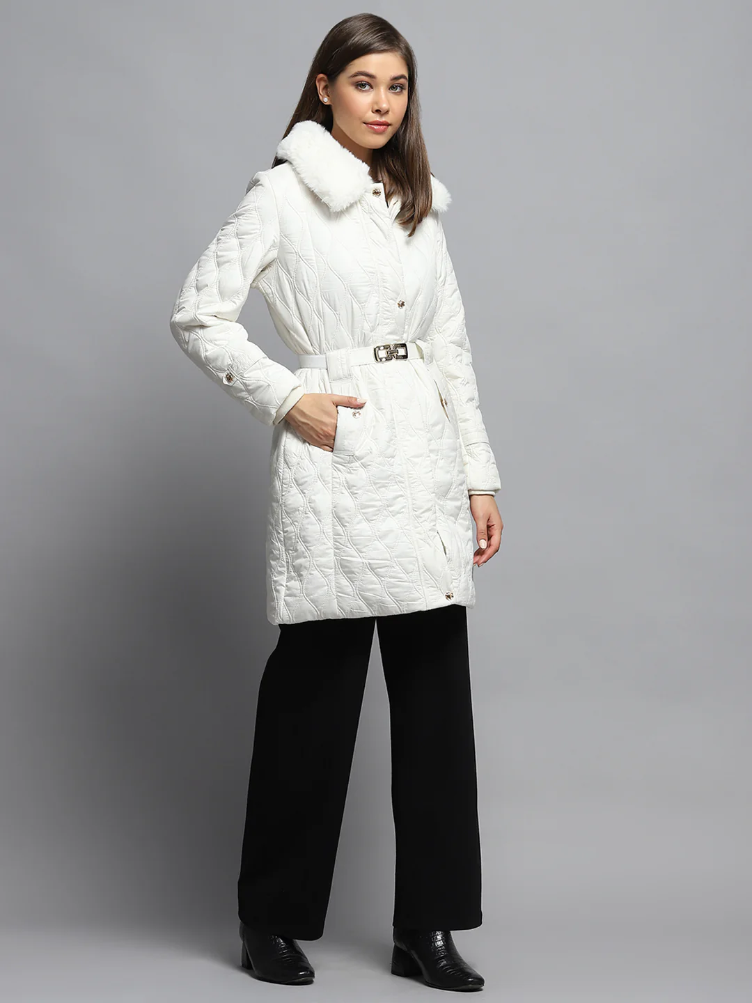 Women White Self Design Collar Full Sleeve Jacket - Image 4