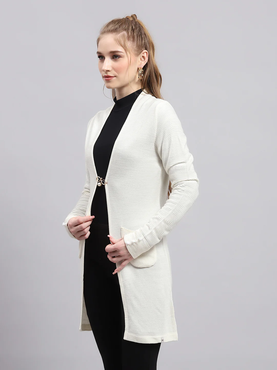 Women White Self Design Front Open Full Sleeve Cardigan - Image 3