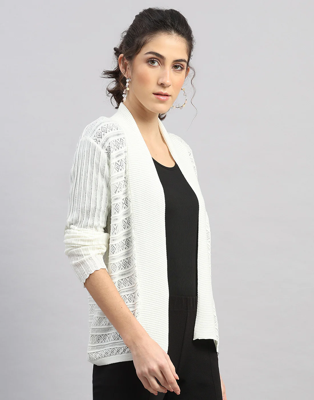 Women White Self Design Front Open Full Sleeve Winter Top - Image 3