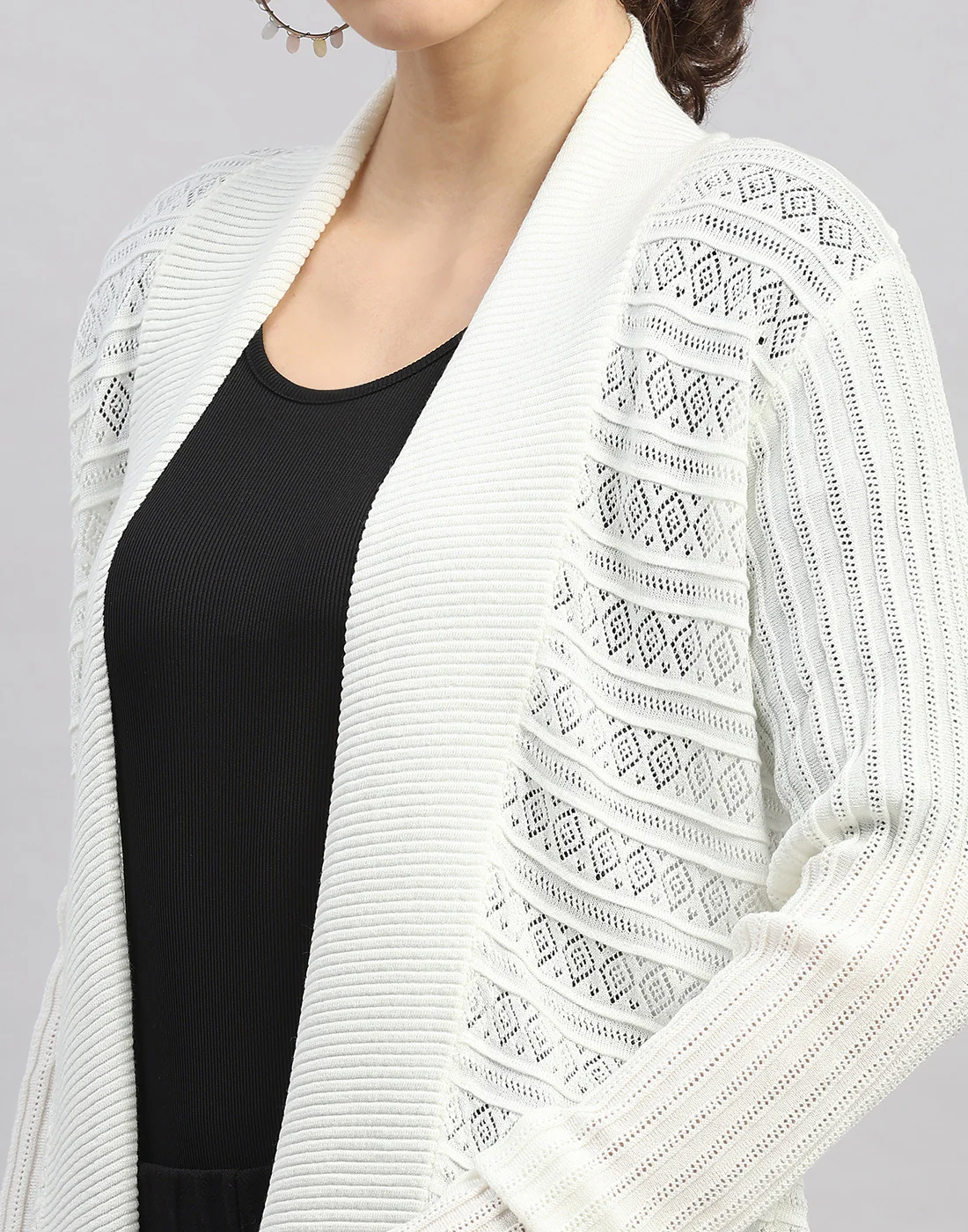 Women White Self Design Front Open Full Sleeve Winter Top - Image 7