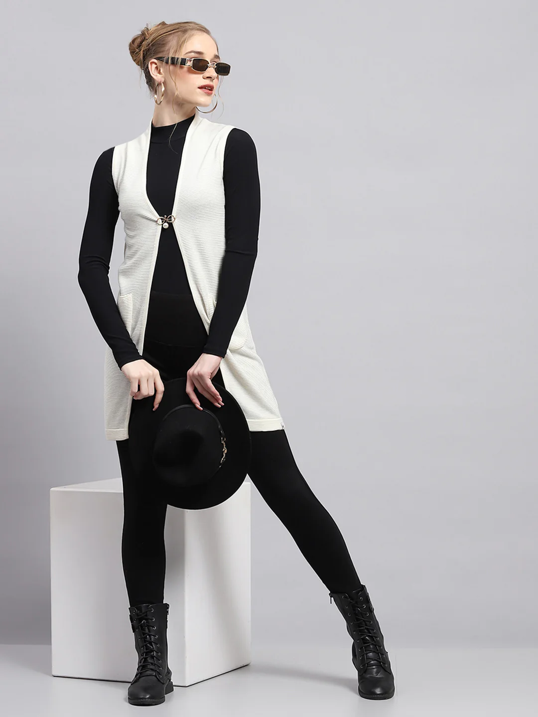 Women White Self Design Front Open Sleeveless Cardigan - Image 2