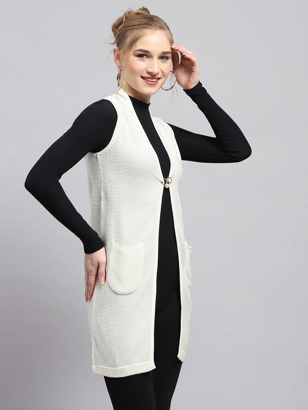 Women White Self Design Front Open Sleeveless Cardigan - Image 4