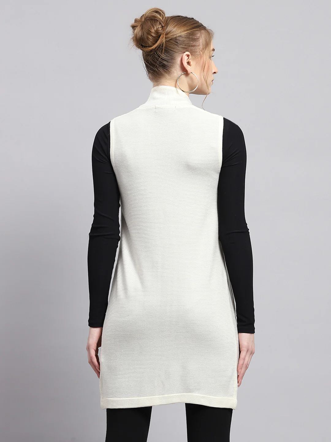 Women White Self Design Front Open Sleeveless Cardigan - Image 5