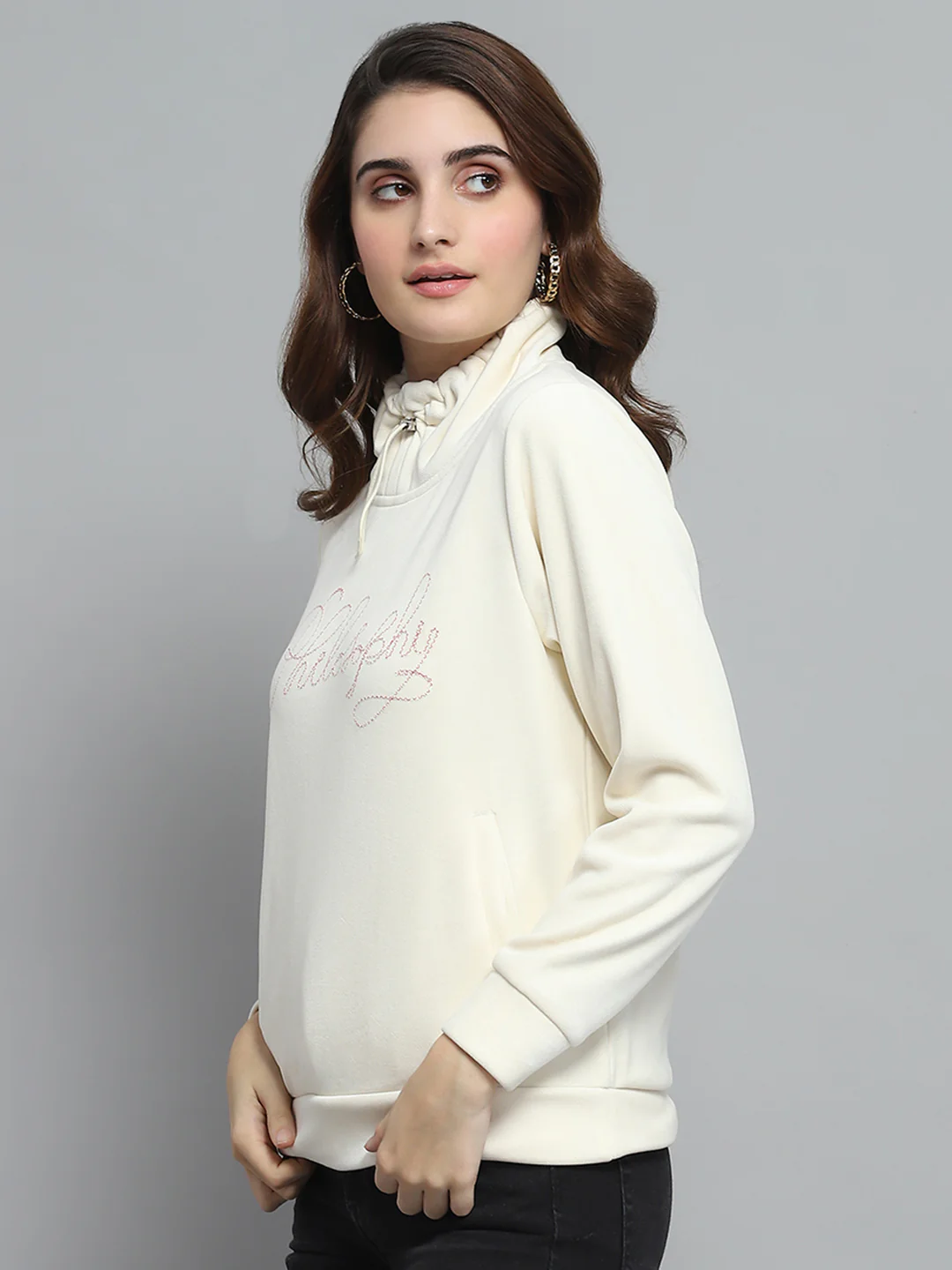 Women White Self Design Mock Neck Full Sleeve Sweatshirt - Image 3