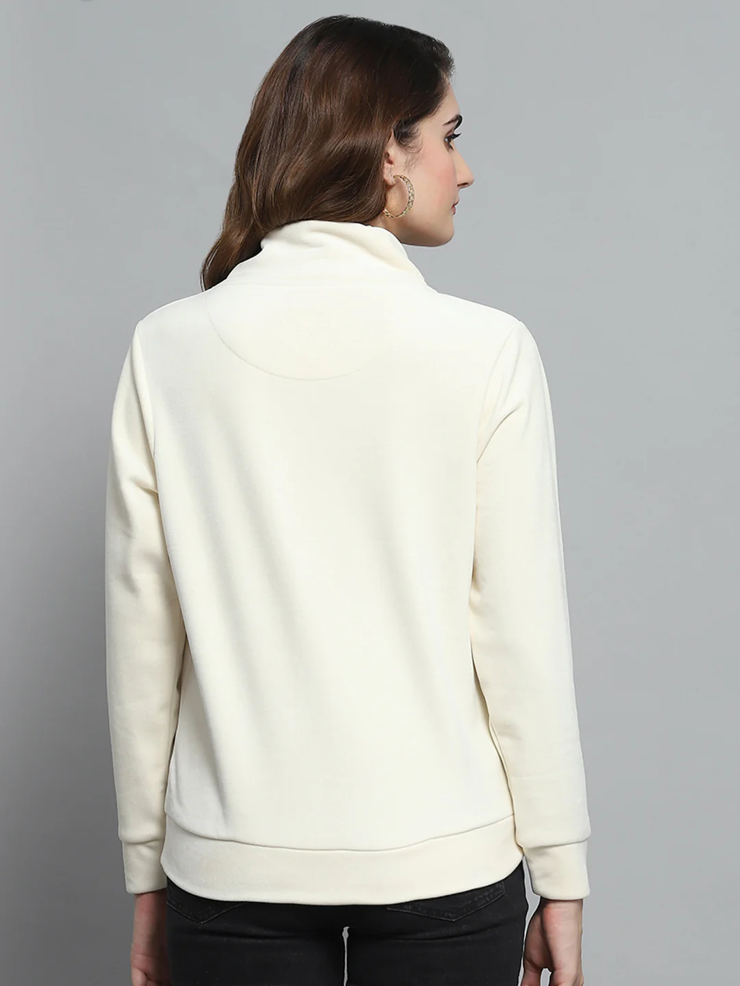 Women White Self Design Mock Neck Full Sleeve Sweatshirt - Image 5