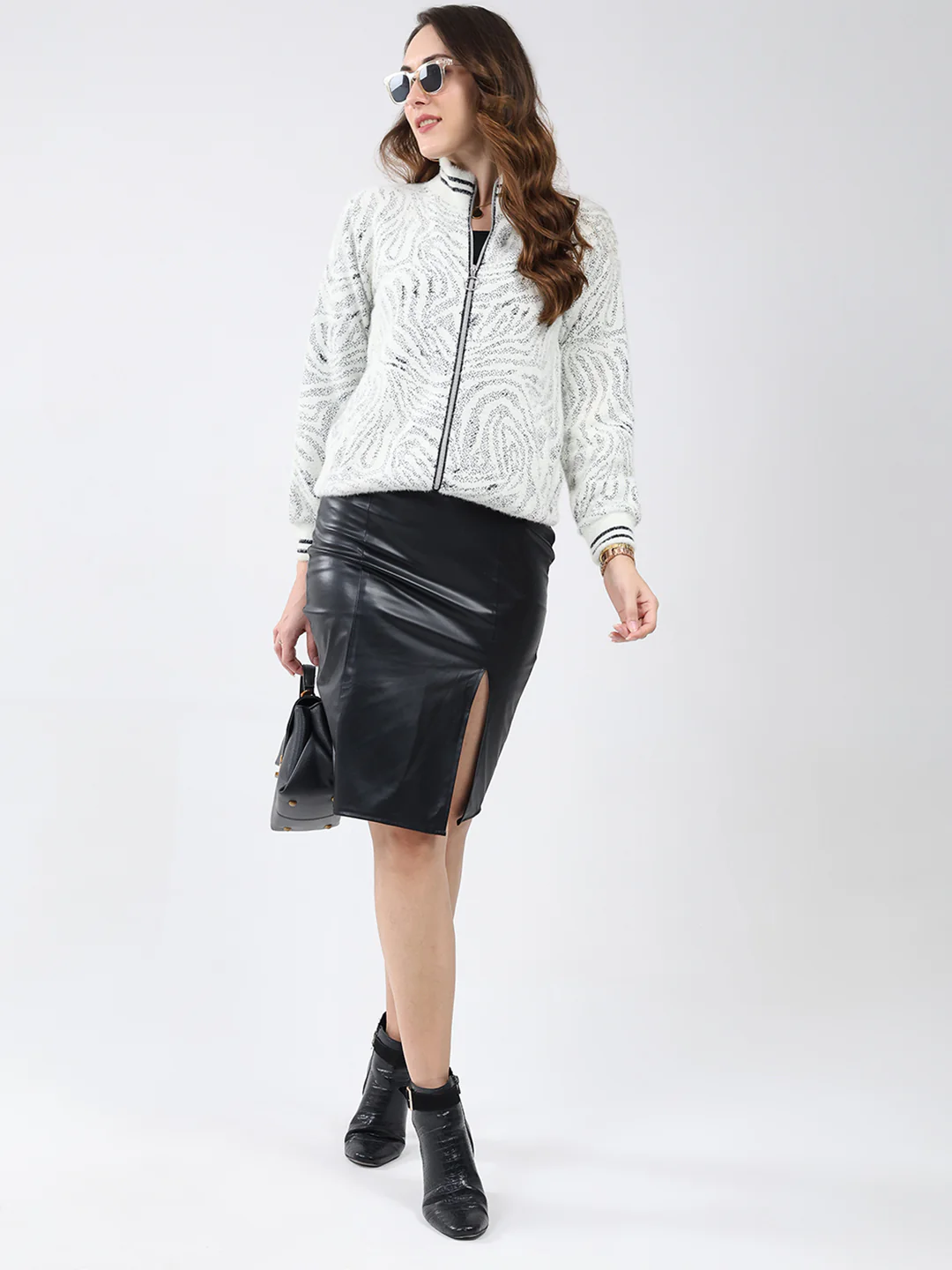 Women White Self Design Mock Neck Full Sleeve Sweatshirt - Image 2