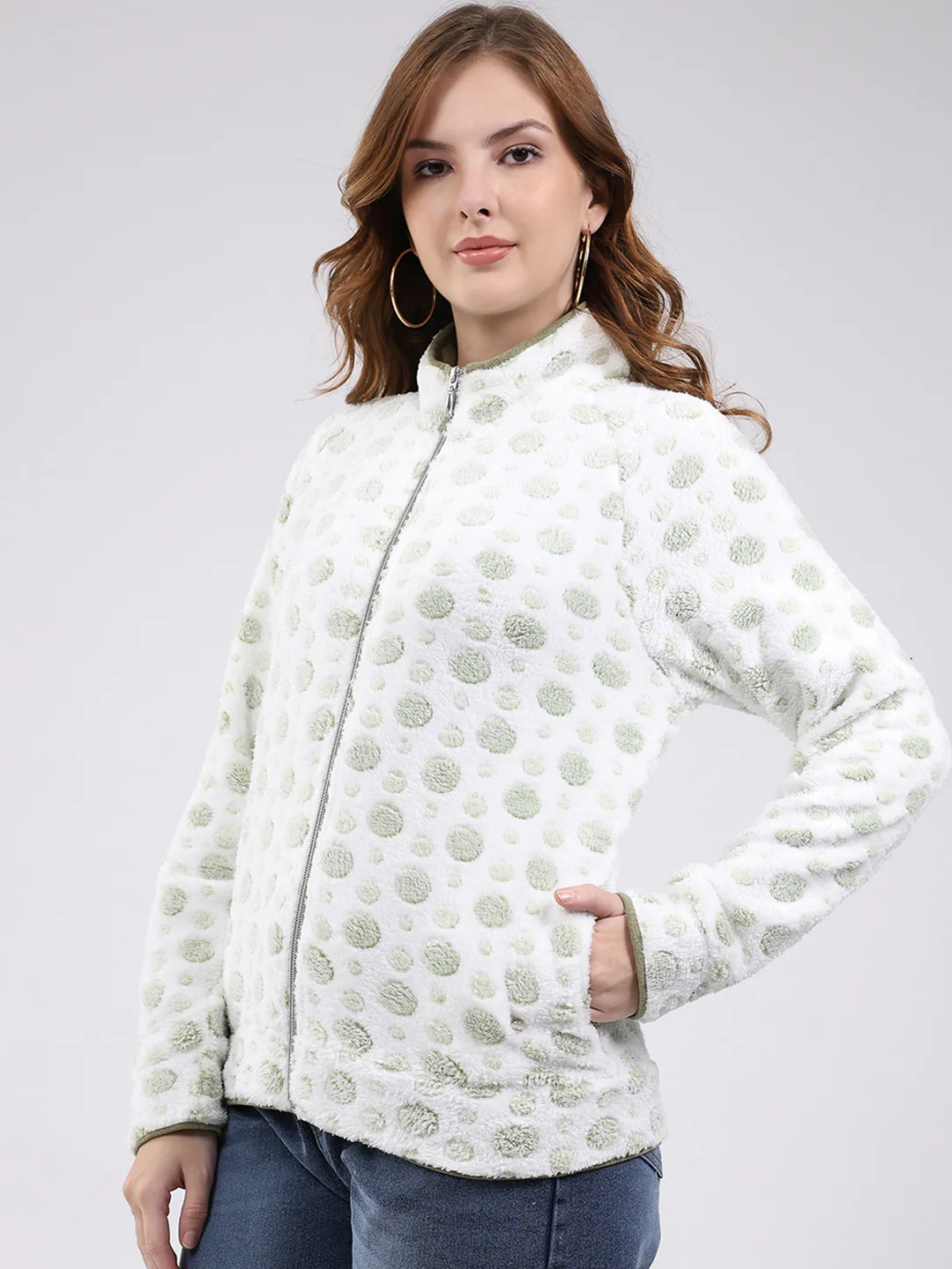 Women White Self Design Mock Neck Full Sleeve Sweatshirt - Image 3