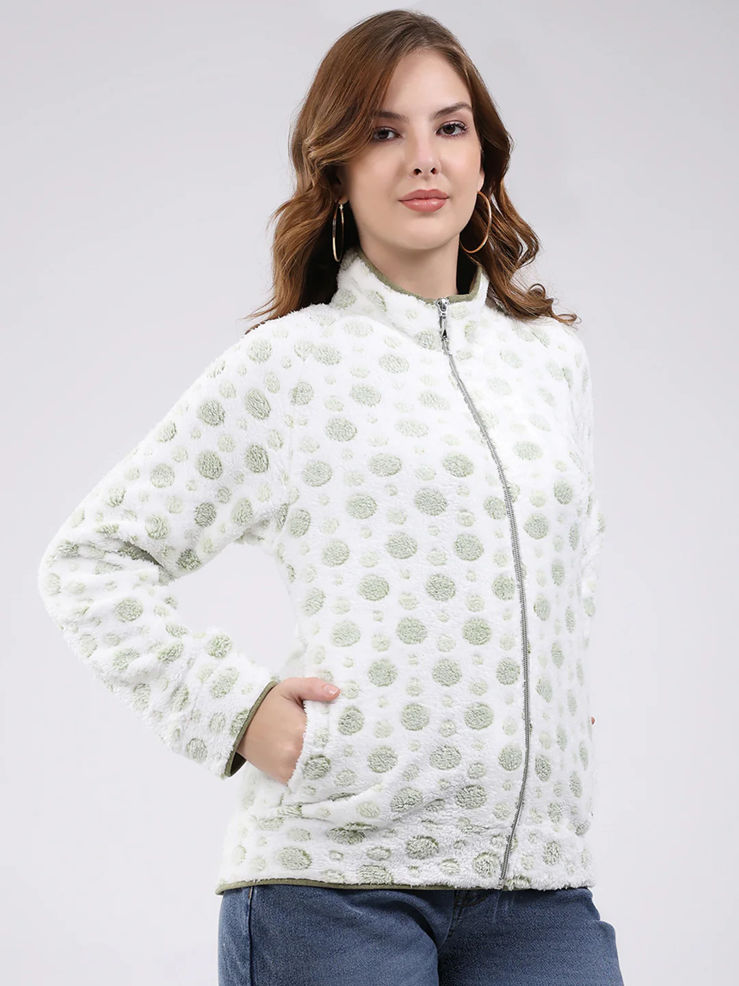 Women White Self Design Mock Neck Full Sleeve Sweatshirt - Image 4