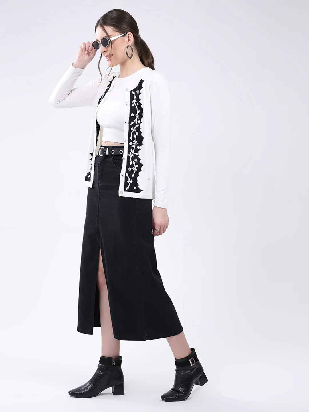 Women White Self Design Round Neck Full Sleeve Cardigan - Image 2