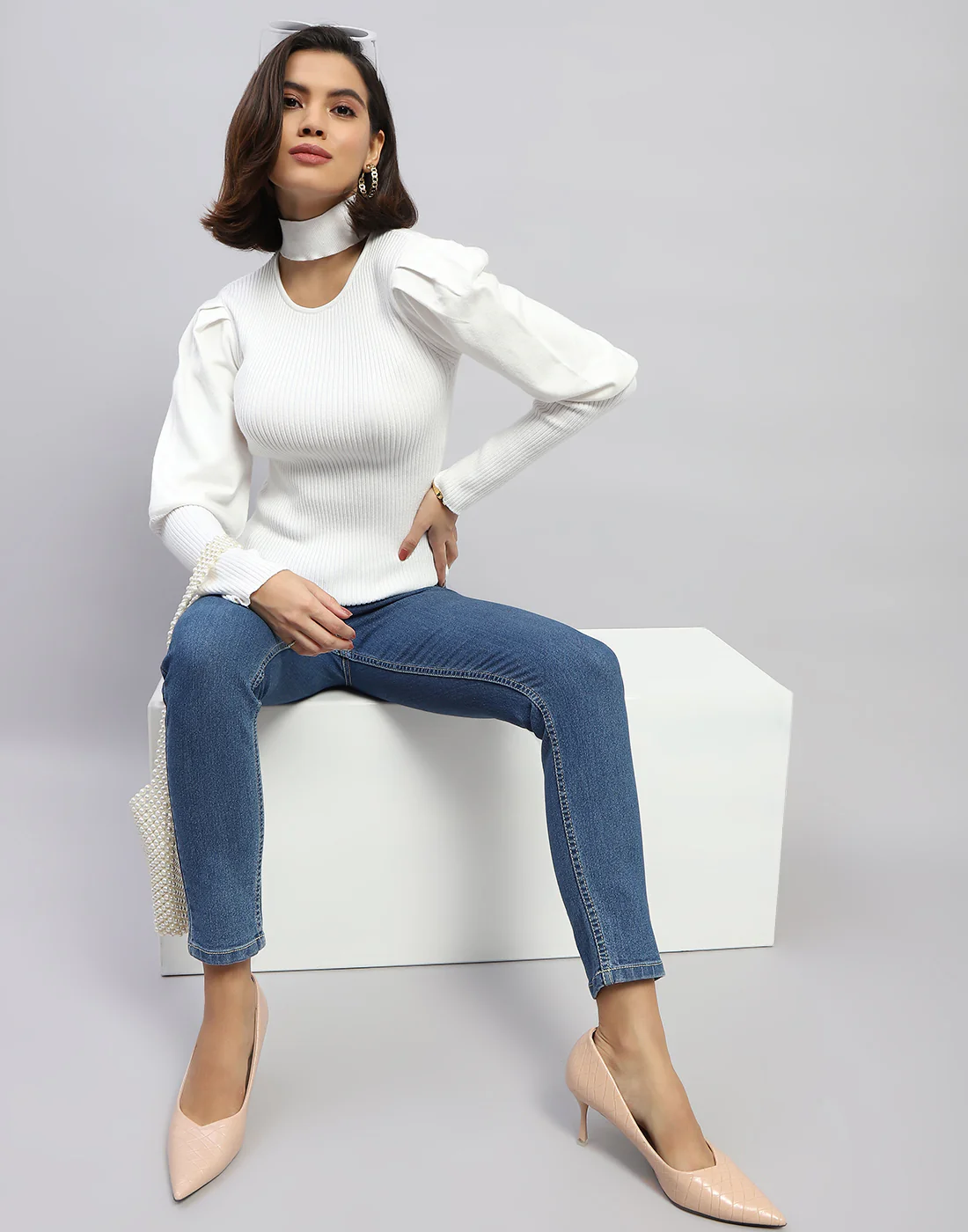 Women White Self Design Round Neck Full Sleeve Sceavy - Image 3
