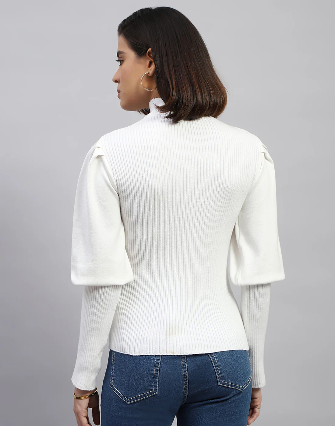 Women White Self Design Round Neck Full Sleeve Sceavy - Image 6