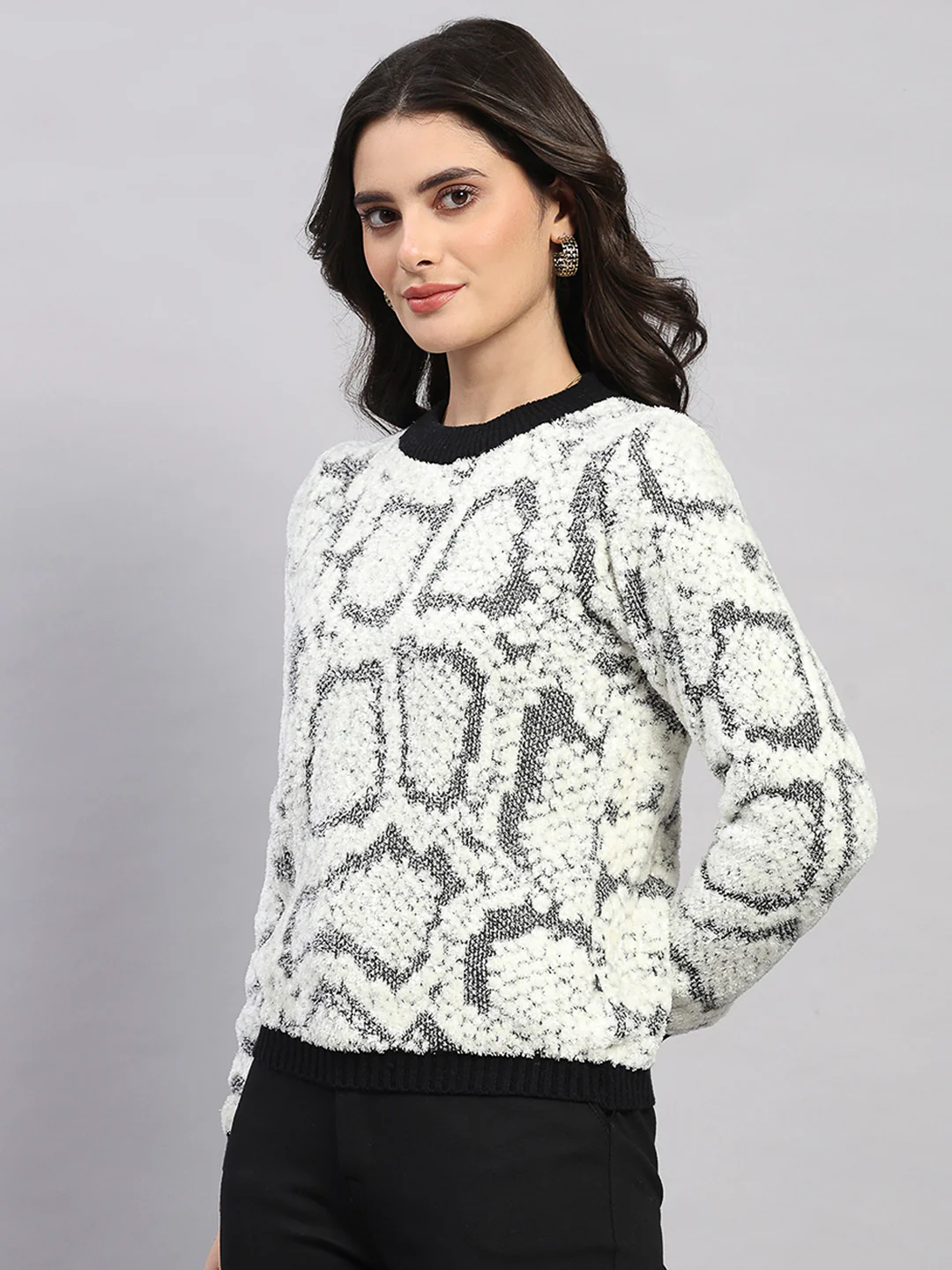 Women White Self Design Round Neck Full Sleeve Winter Top - Image 3
