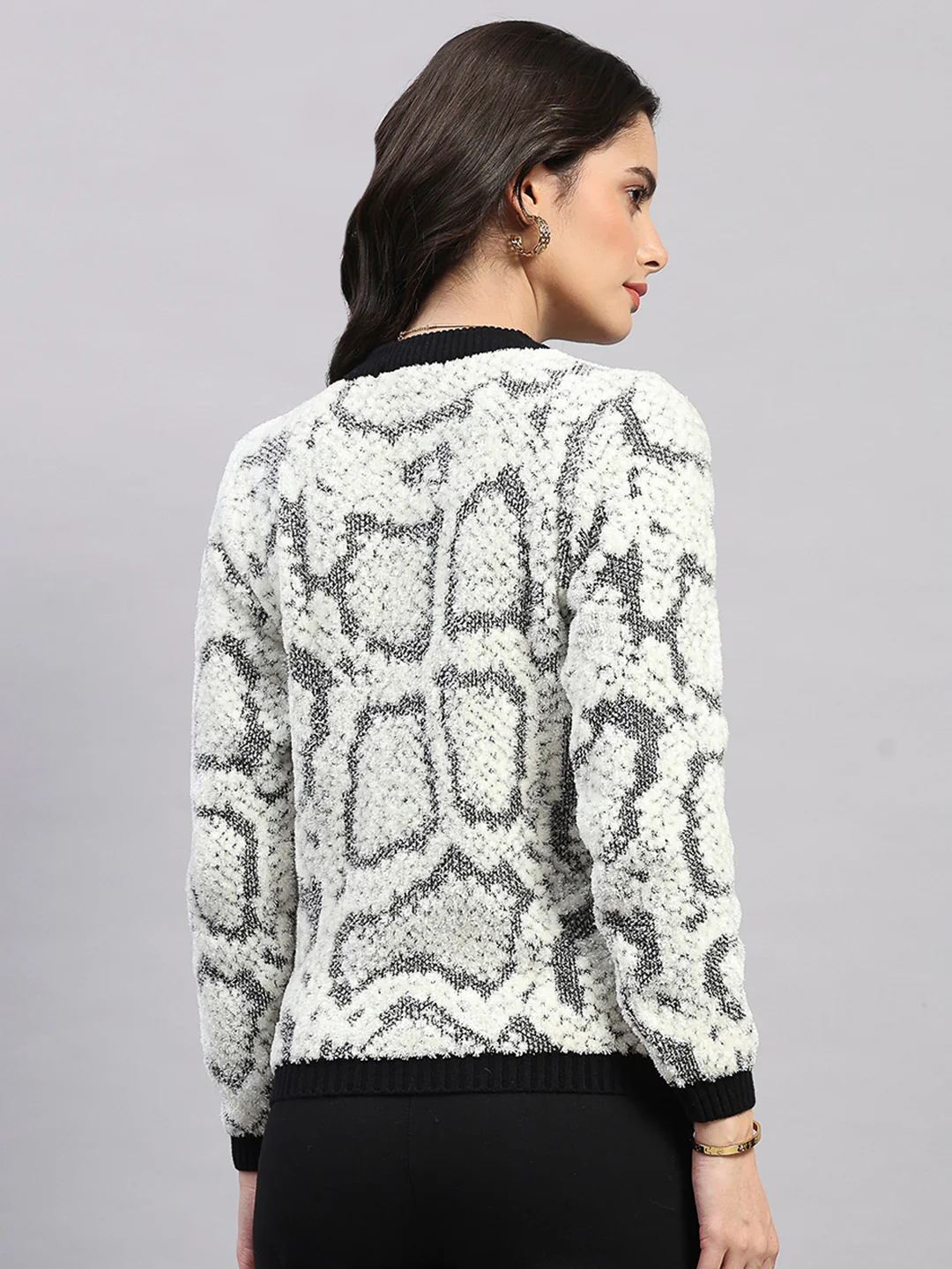 Women White Self Design Round Neck Full Sleeve Winter Top - Image 5
