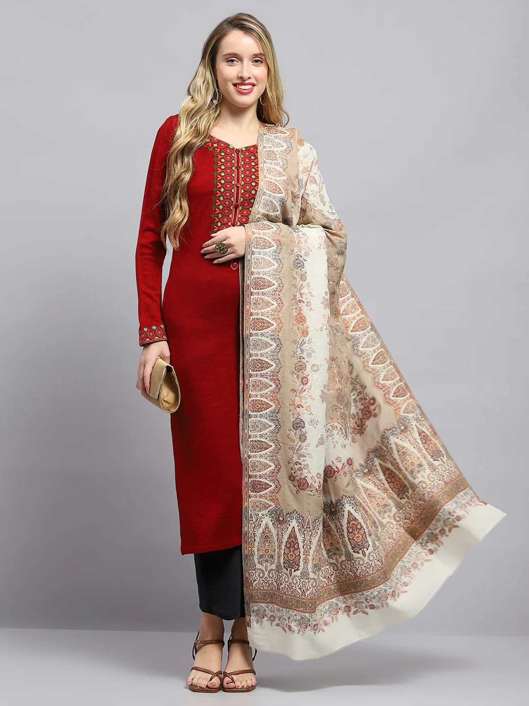 Women White Self Design Shawl - Image 5
