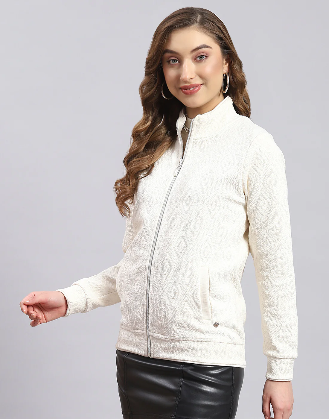 Women White Self Design Stand Collar Full Sleeve Sweatshirt - Image 4