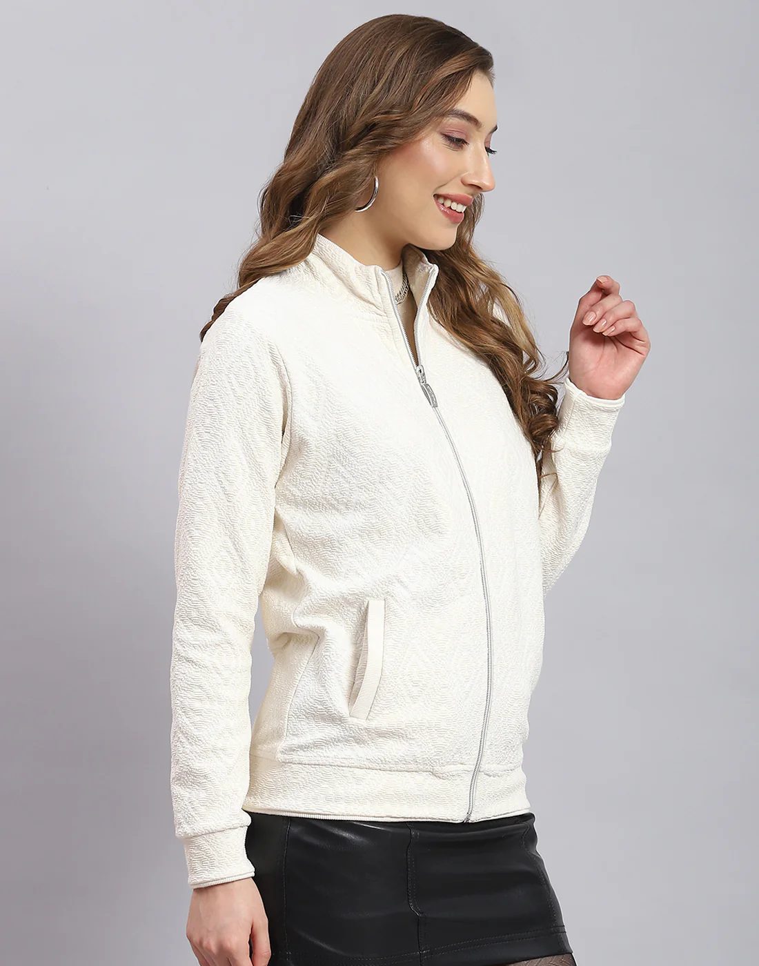 Women White Self Design Stand Collar Full Sleeve Sweatshirt - Image 5