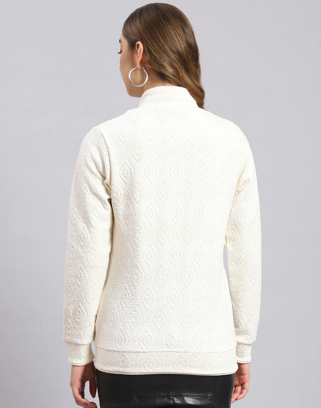 Women White Self Design Stand Collar Full Sleeve Sweatshirt - Image 6