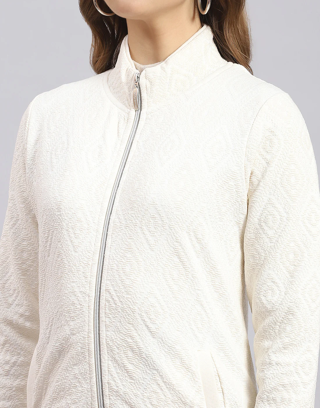 Women White Self Design Stand Collar Full Sleeve Sweatshirt - Image 7