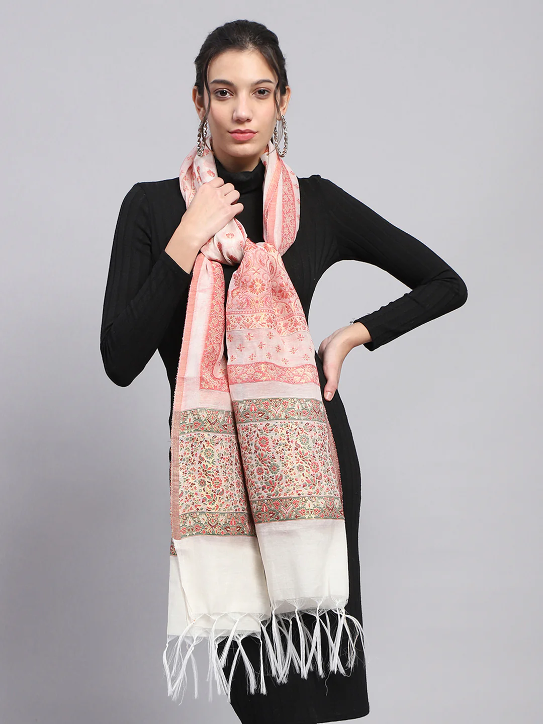 Women White Self Design Stole - Image 3