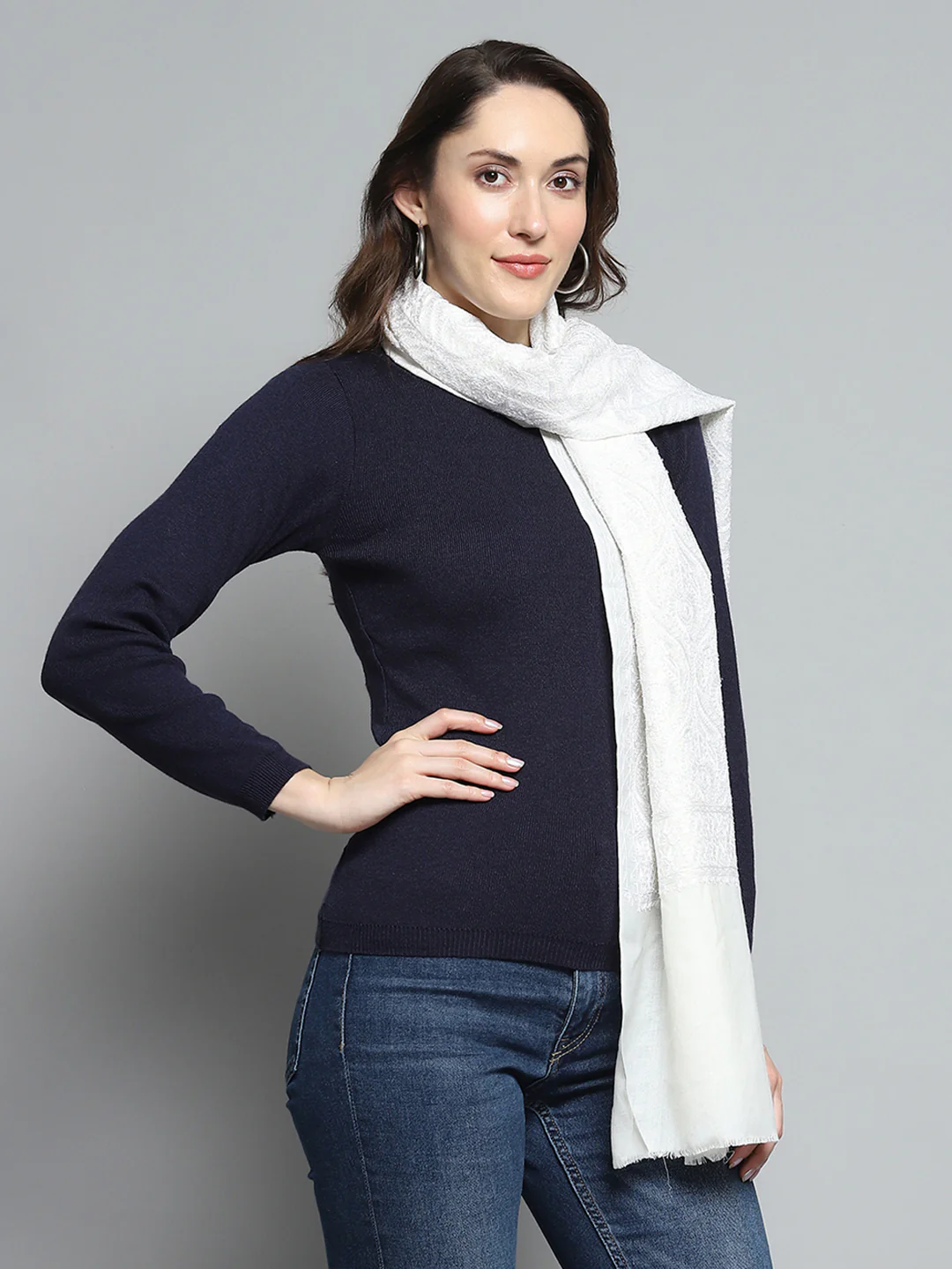 Women White Self Design Stole - Image 4