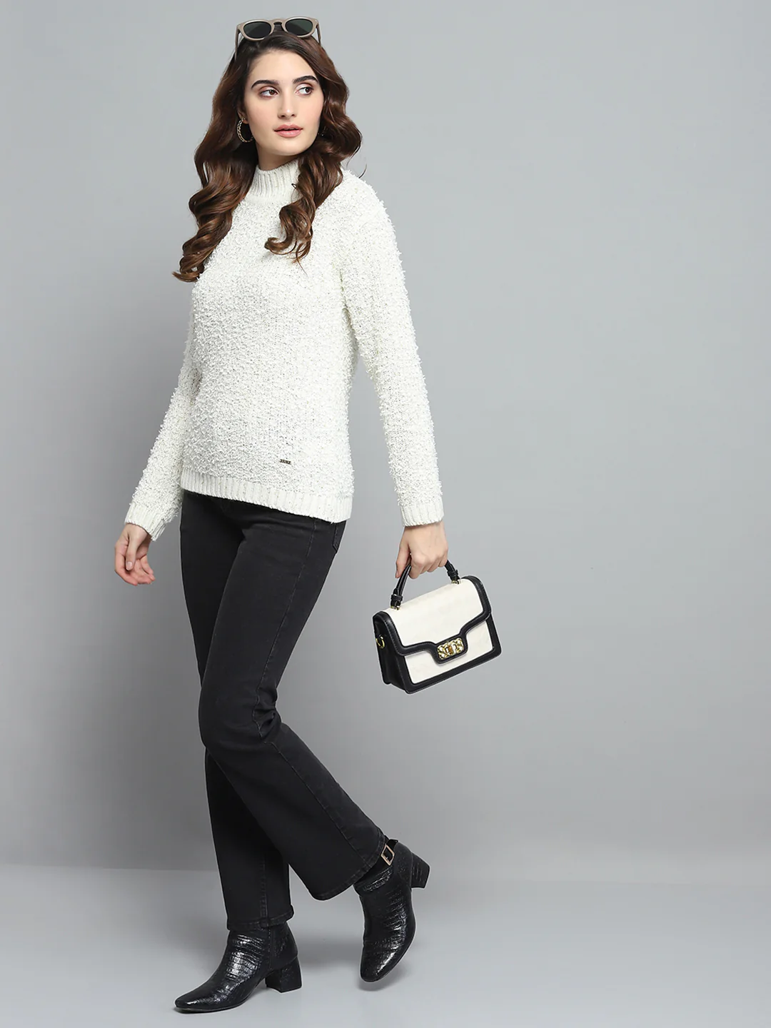 Women White Self Design Turtle Neck Full Sleeve Winter Tops - Image 2