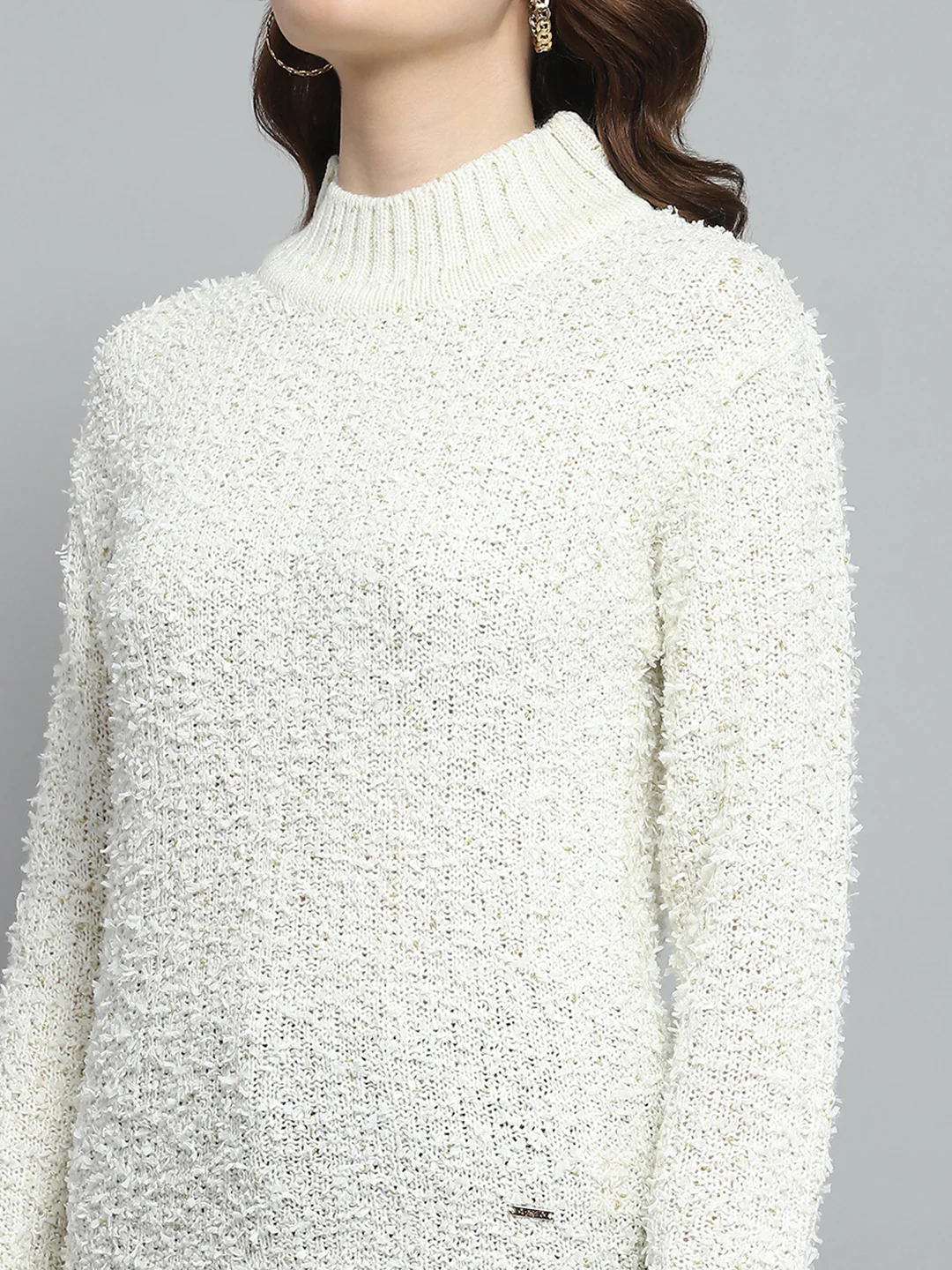 Women White Self Design Turtle Neck Full Sleeve Winter Tops - Image 6